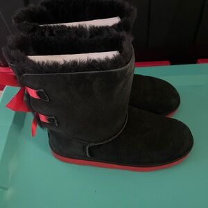 UGG Black Suede Ankle Boots with Red Soles and Red Bows
